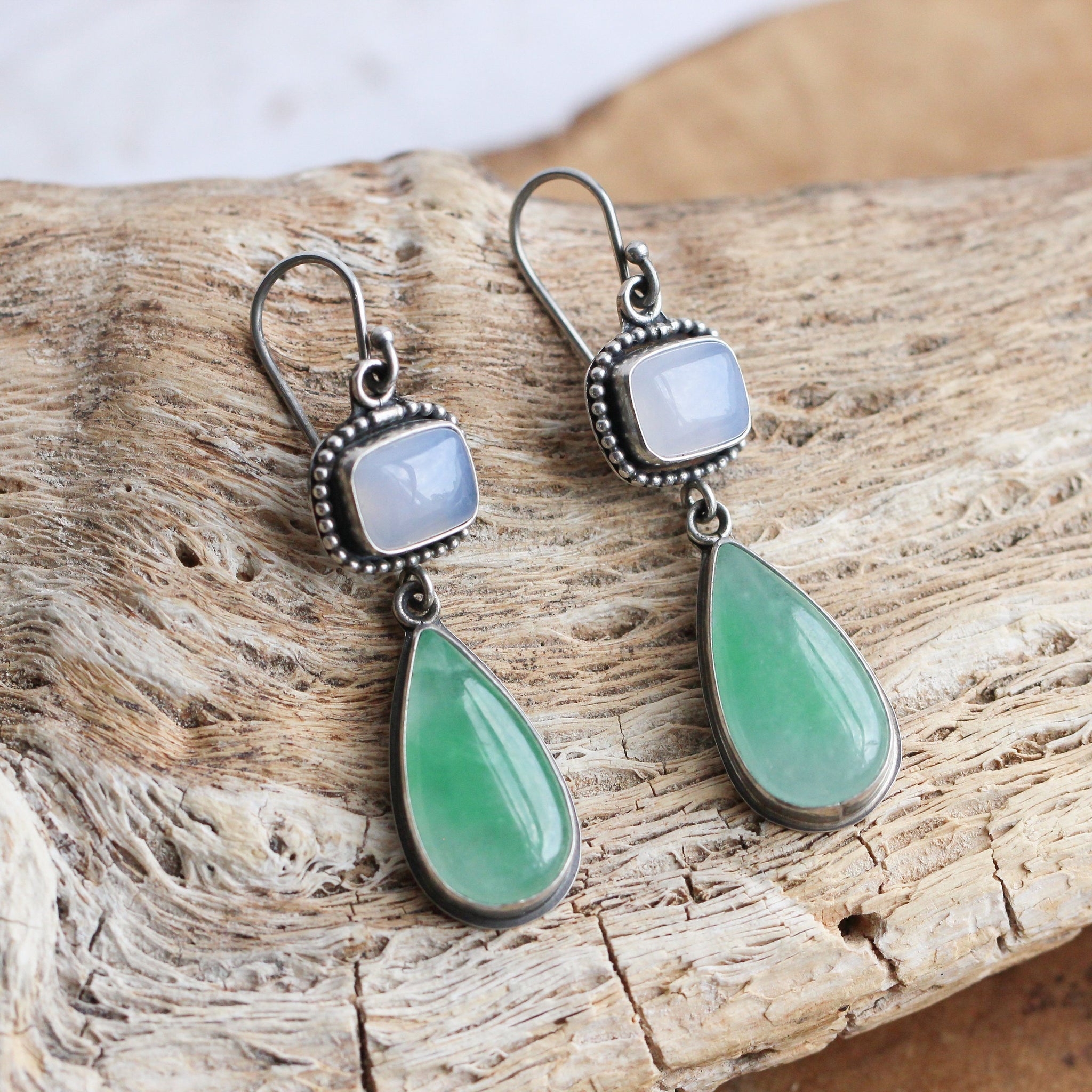 Green Burma Jade Earrings Blue Chalcedony Drop Earrings Sterling Silver
