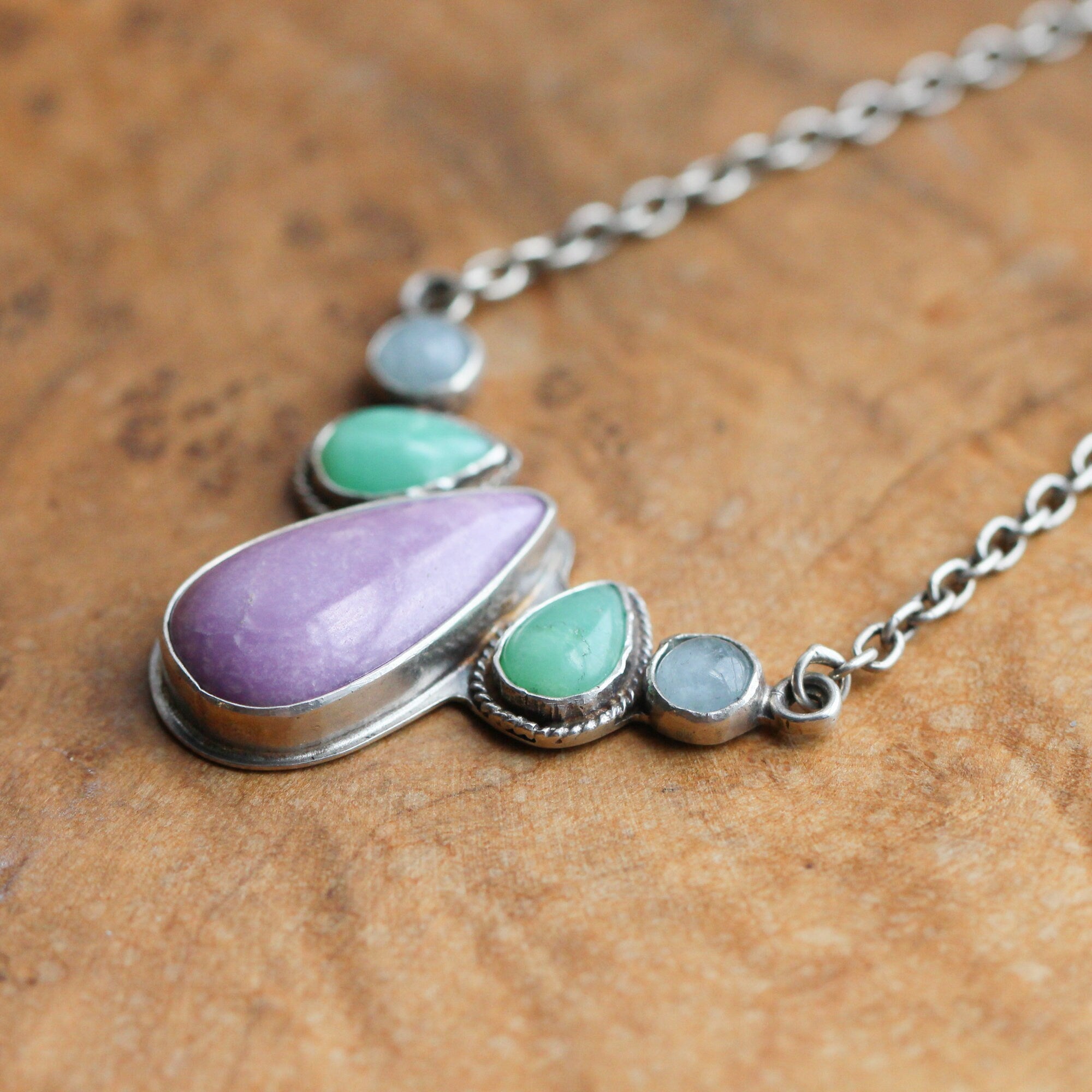 5 Stone Necklace - Purple Phosphosiderite - Green Chrysoprase - Aquamarine