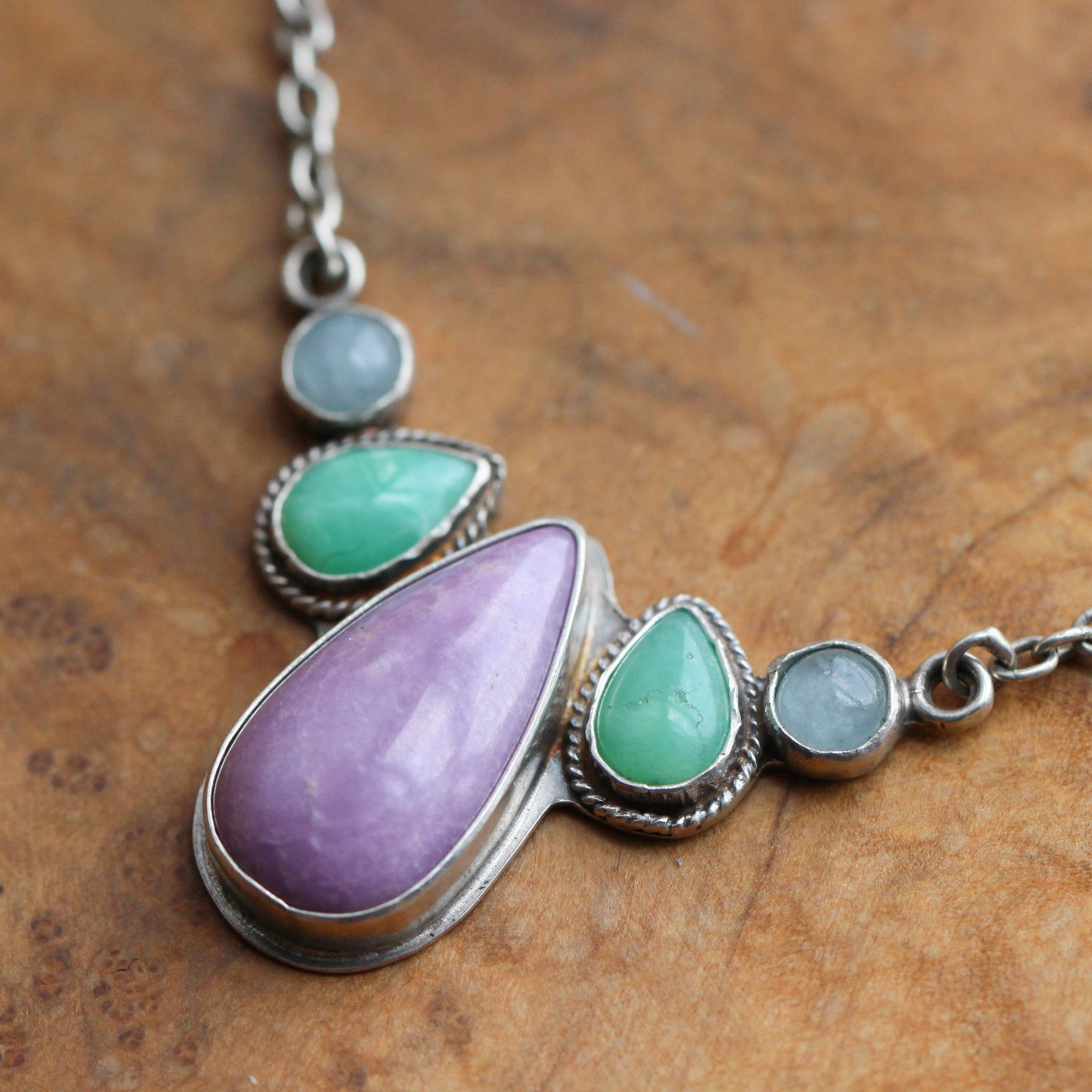 5 Stone Necklace - Purple Phosphosiderite - Green Chrysoprase - Aquamarine