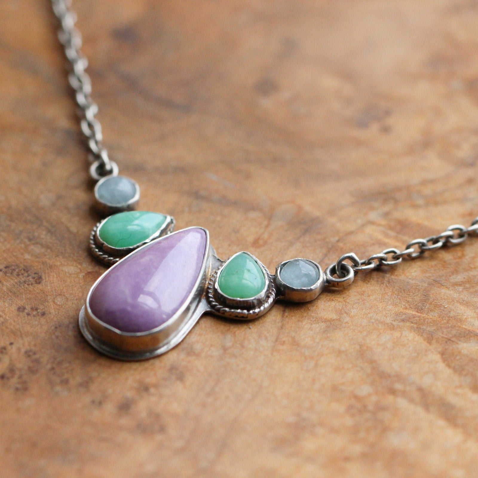 5 Stone Necklace - Purple Phosphosiderite - Green Chrysoprase - Aquamarine