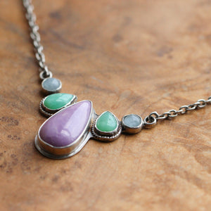 5 Stone Necklace - Purple Phosphosiderite - Green Chrysoprase - Aquamarine