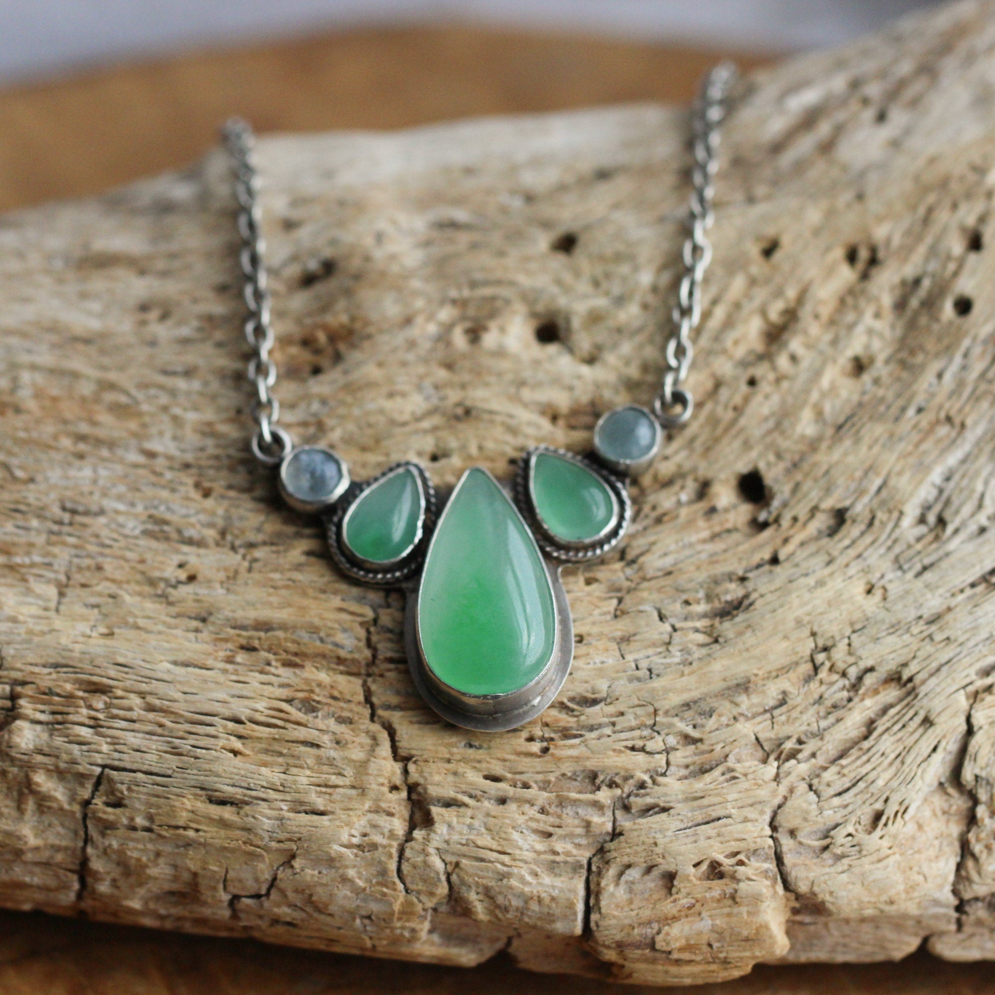 Jade Harmony Necklace - 5 Stone Pendant - Jade Aquamarine Necklace - Green Jade Sterling Silver Jewelry