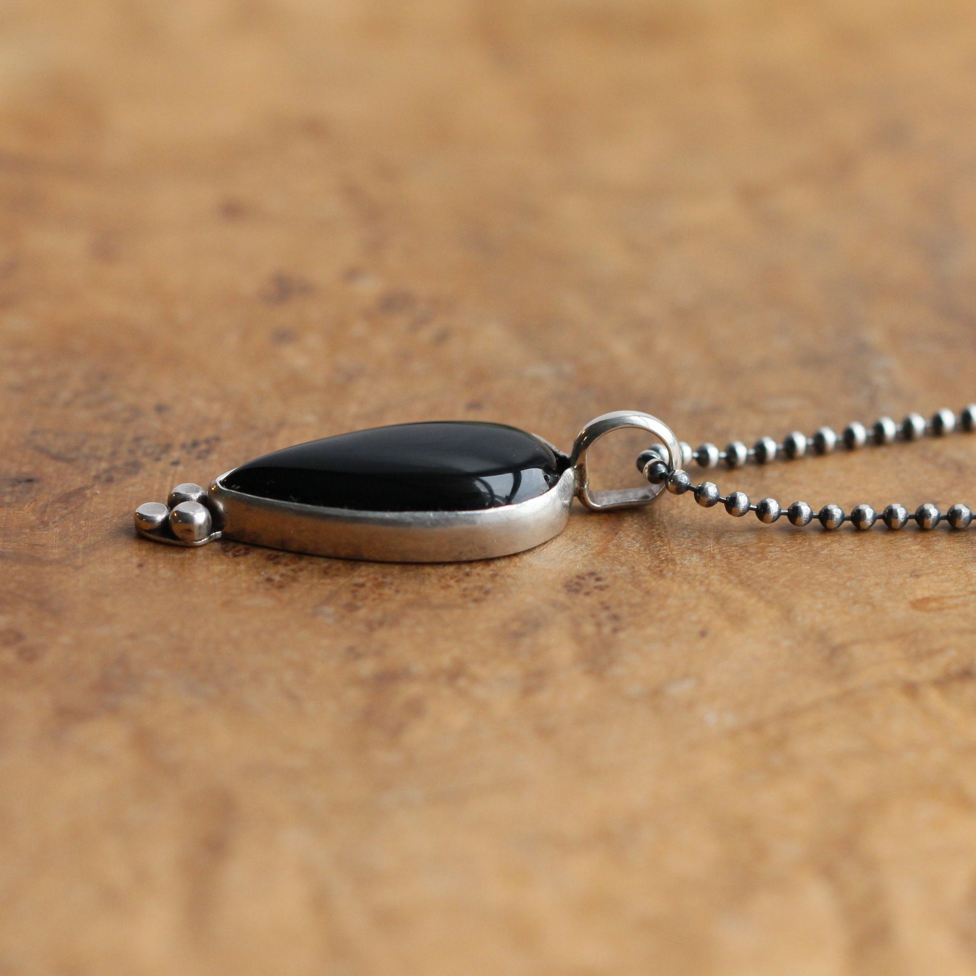 Black Agate Pear Pendant – Sterling Silver Silversmith Necklace