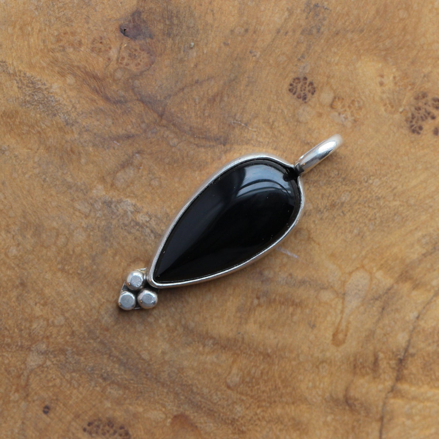 Black Agate Pear Pendant – Sterling Silver Silversmith Necklace
