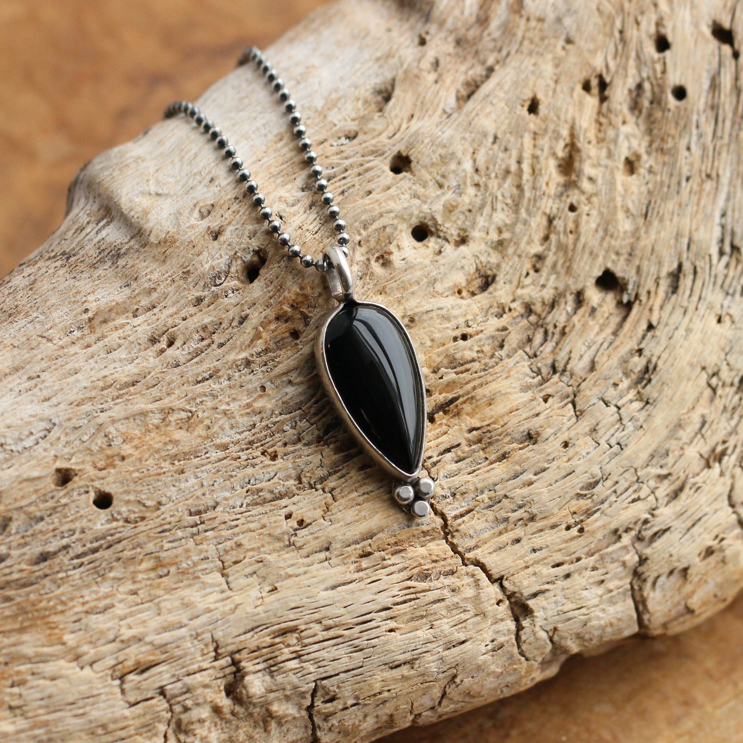 Black Agate Pear Pendant – Sterling Silver Silversmith Necklace