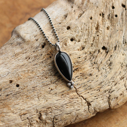 Black Agate Pear Pendant – Sterling Silver Silversmith Necklace