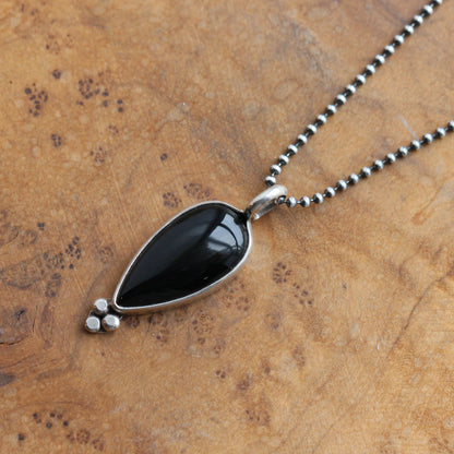 Black Agate Pear Pendant – Sterling Silver Silversmith Necklace