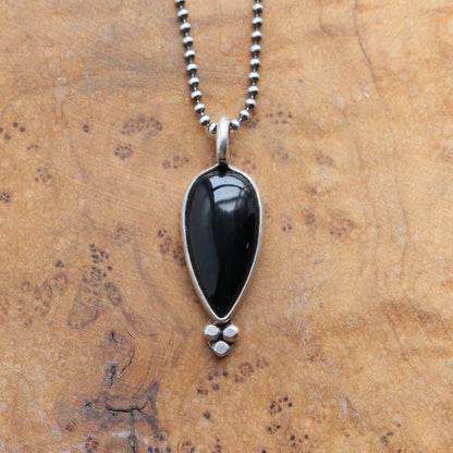 Black Agate Pear Pendant – Sterling Silver Silversmith Necklace