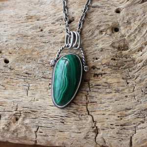 Malachite Basket Pendant - Boho Malachite Necklace - Natural Green Malachite - Silversmith