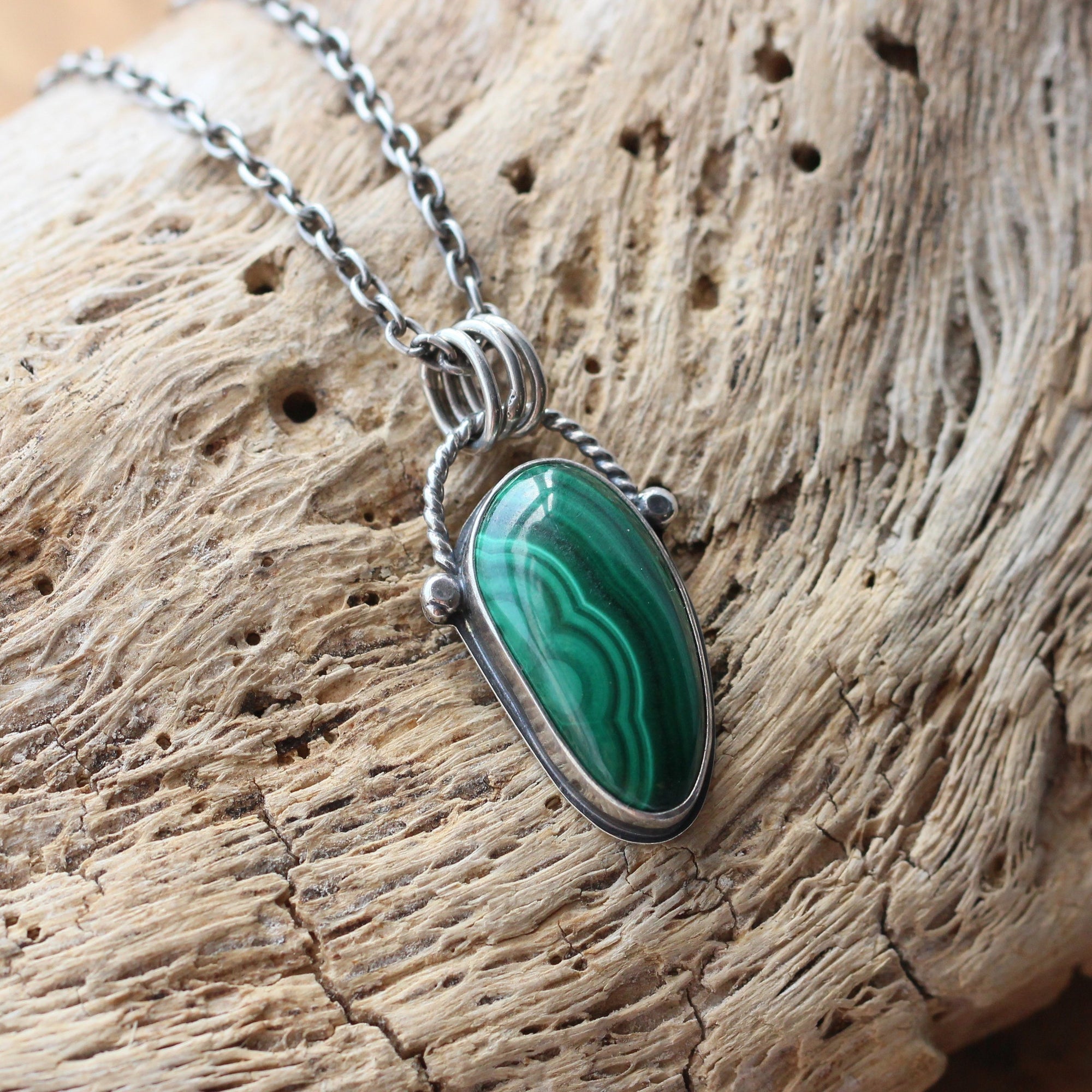 Malachite Pendant - Boho Malachite Necklace - Sterling Silver