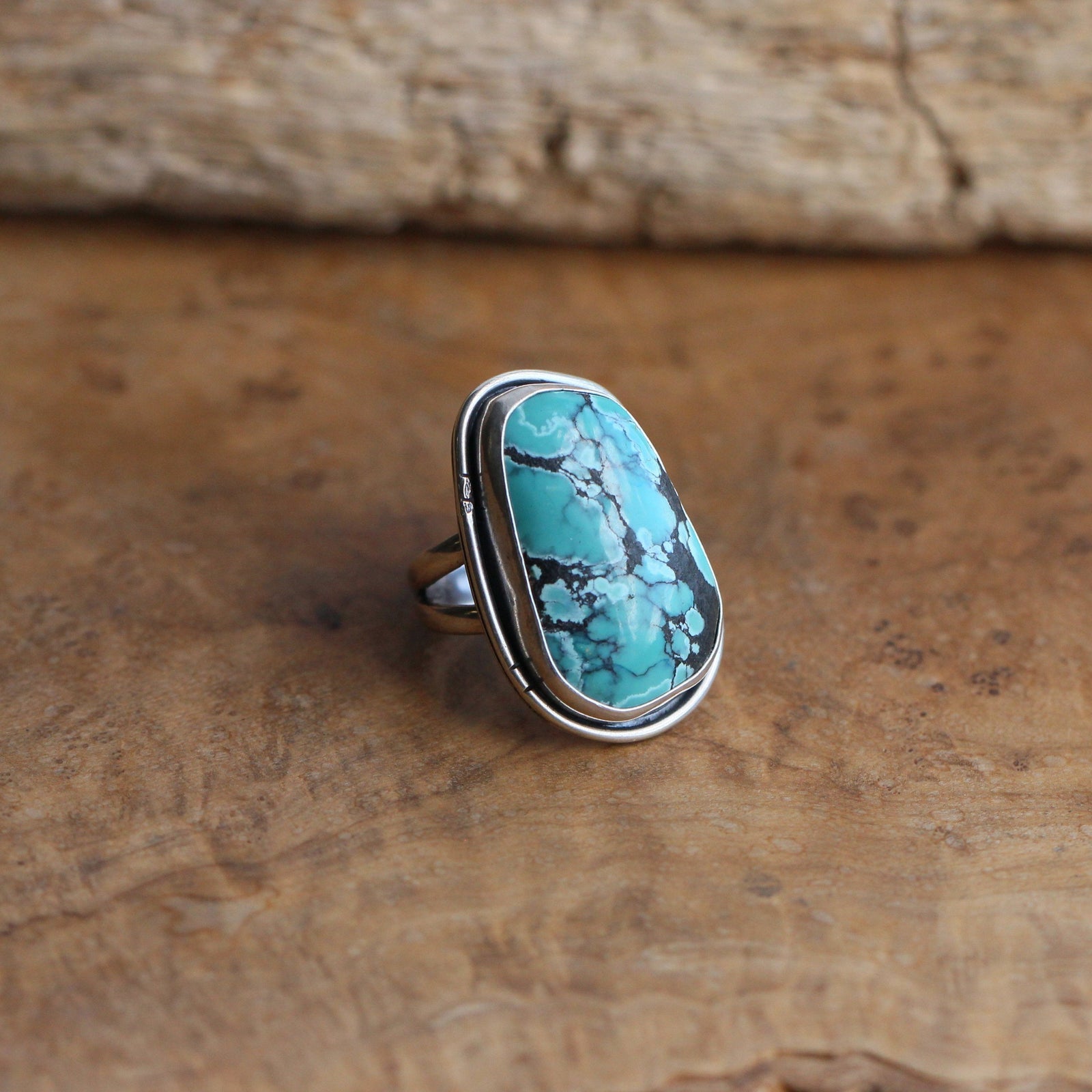 Turquoise Notched Boho Ring - Big Turquoise Ring - OOAK Silversmith Ring