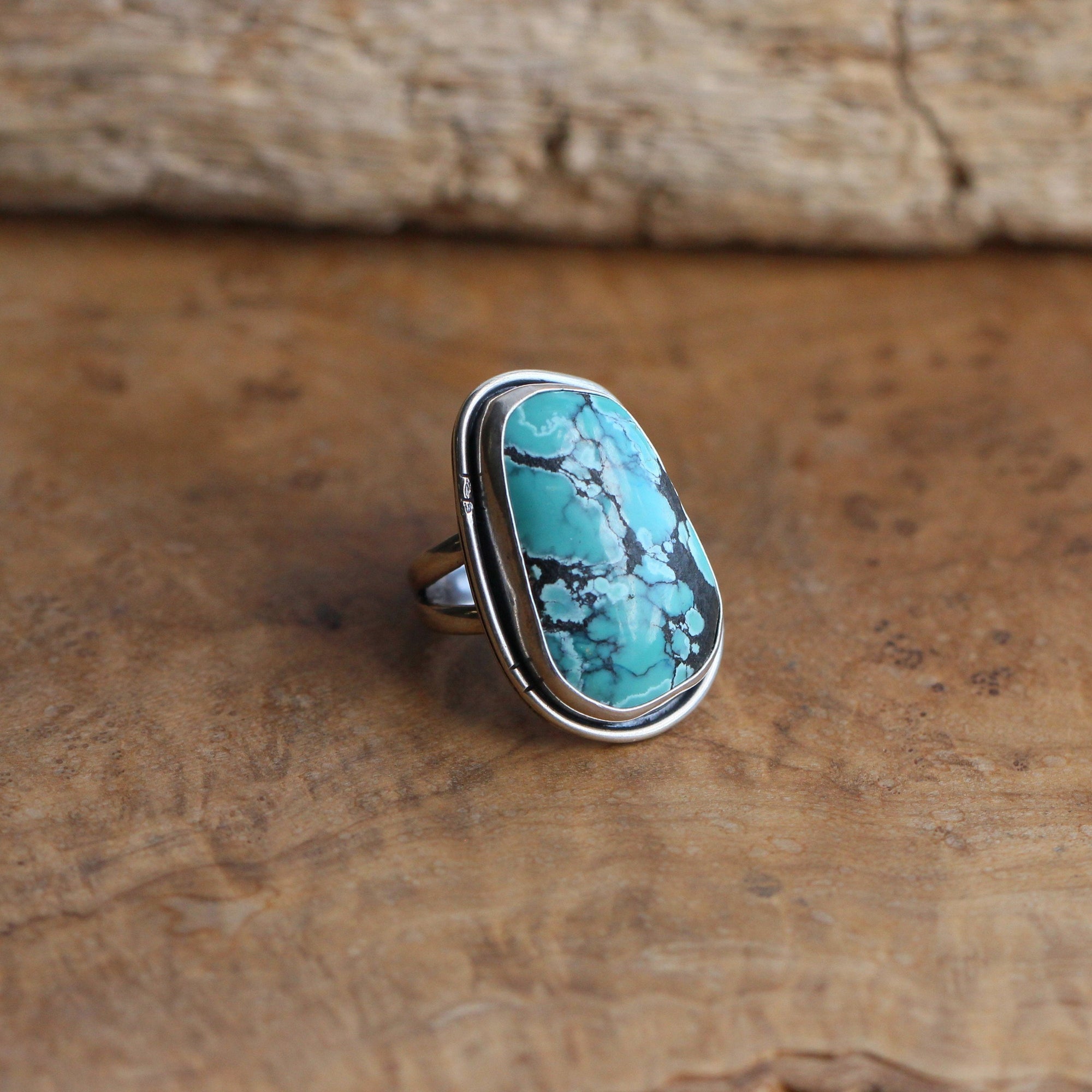 Turquoise Notched Boho Ring - Big Turquoise Ring - OOAK Silversmith Ring