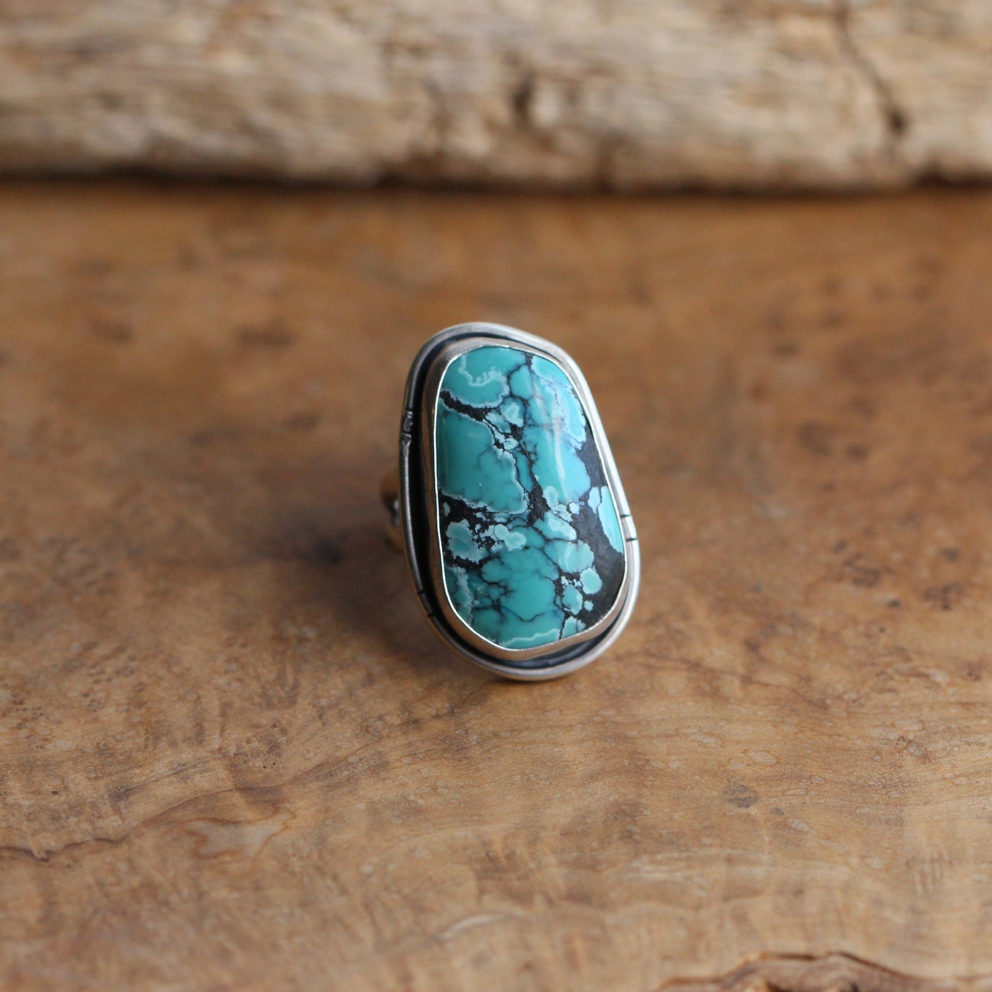 Turquoise Notched Boho Ring - Big Turquoise Ring - OOAK Silversmith Ring