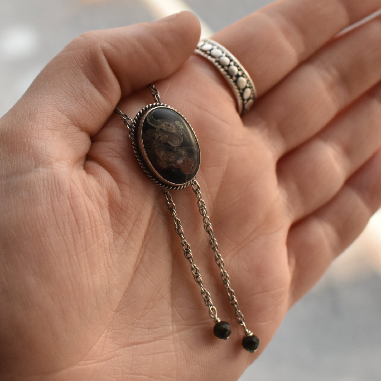 Black Fossil Bolo Necklace - Choose Your Stone - Sterling Silver