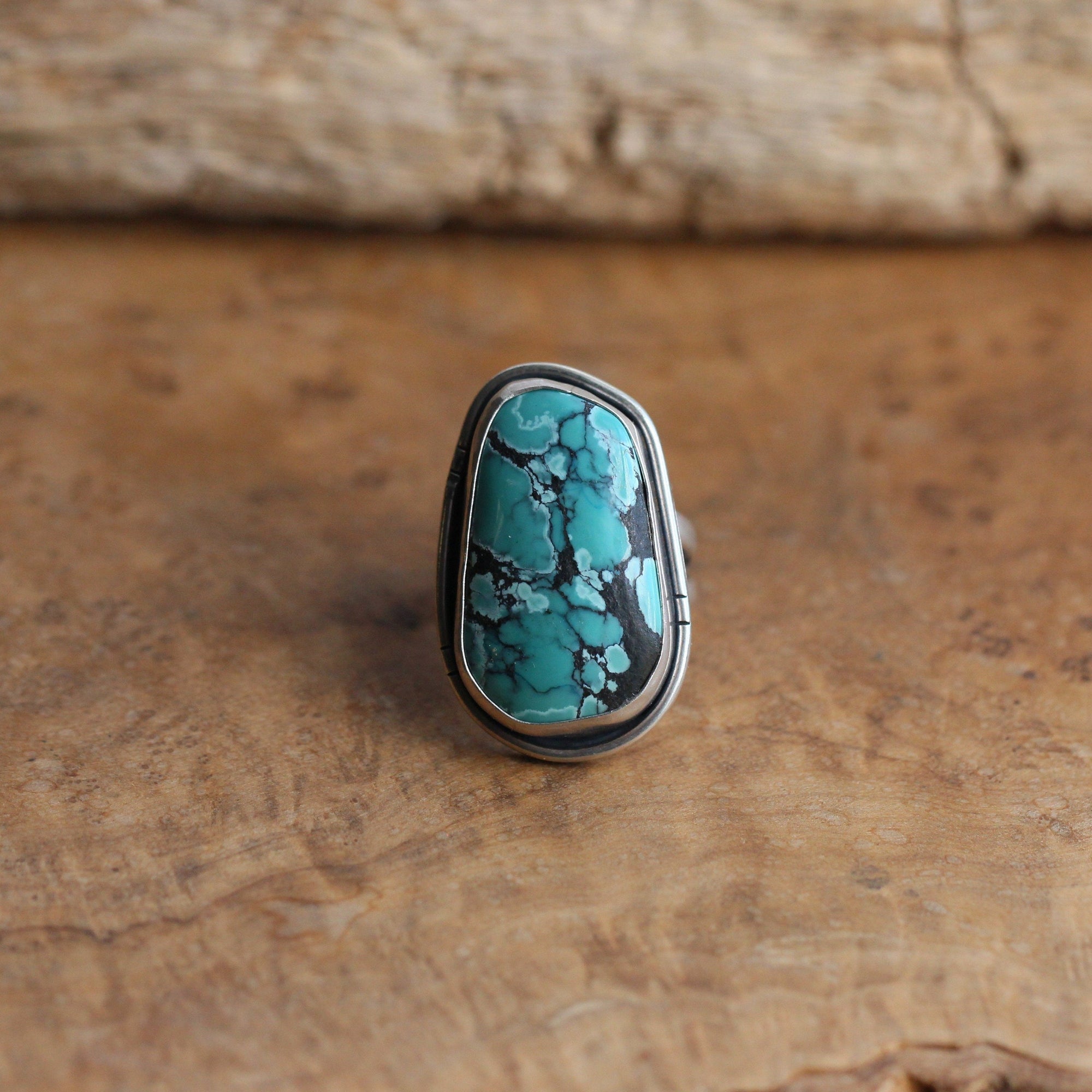 Turquoise Notched Boho Ring - Big Turquoise Ring - OOAK Silversmith Ring