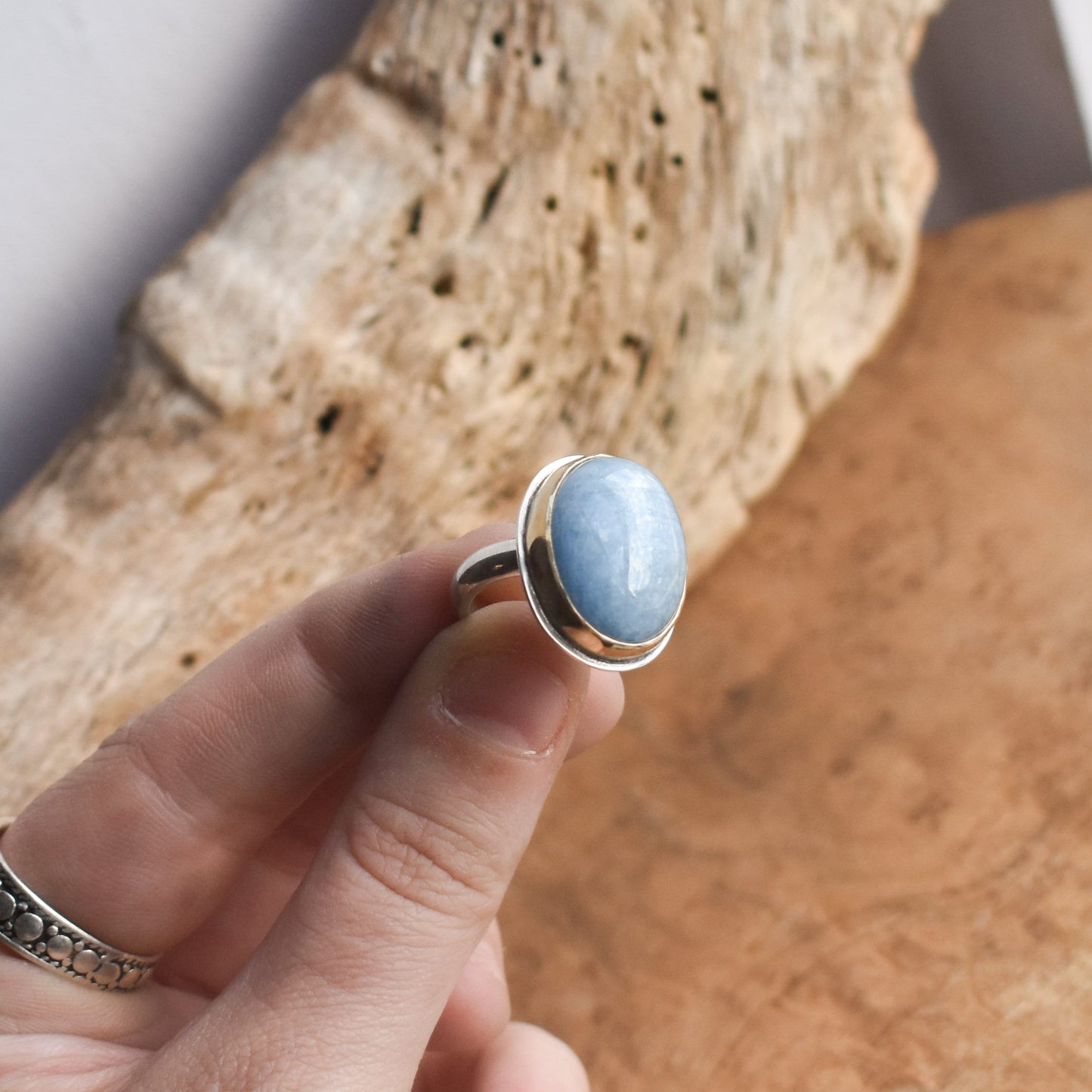 Aquamarine Gold Bezel Ring – Sterling Silver, Size 5 1/2