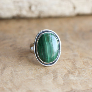 Malachite Notched Boho Ring - Big Malachite Ring - Silversmith Ring