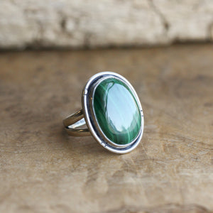 Malachite Notched Boho Ring - Big Malachite Ring - Silversmith Ring