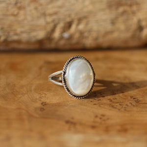 Mother of Pearl Boho Ring - White Nacre Ring - Sterling Silver