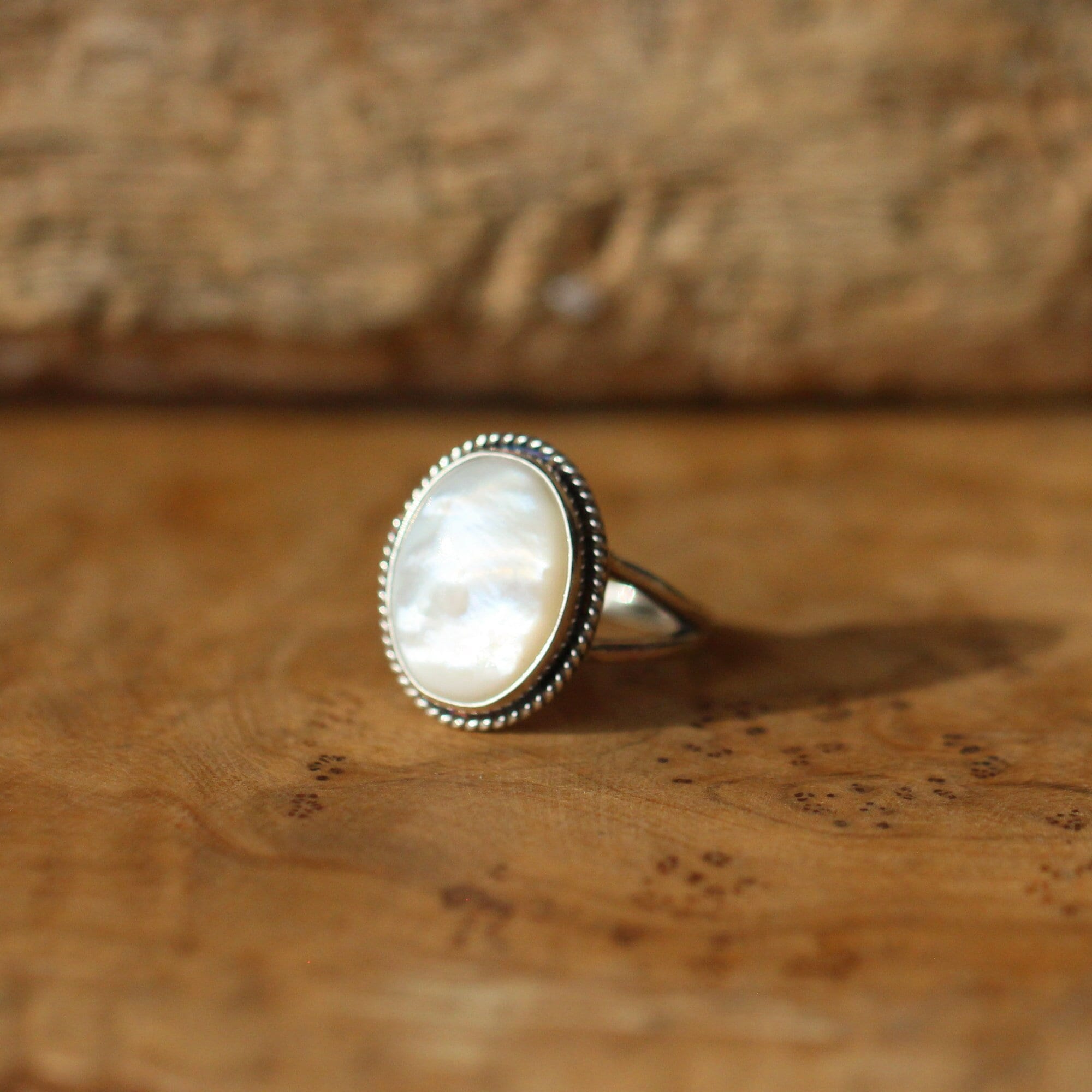 Mother of Pearl Boho Ring - White Nacre Ring - Sterling Silver