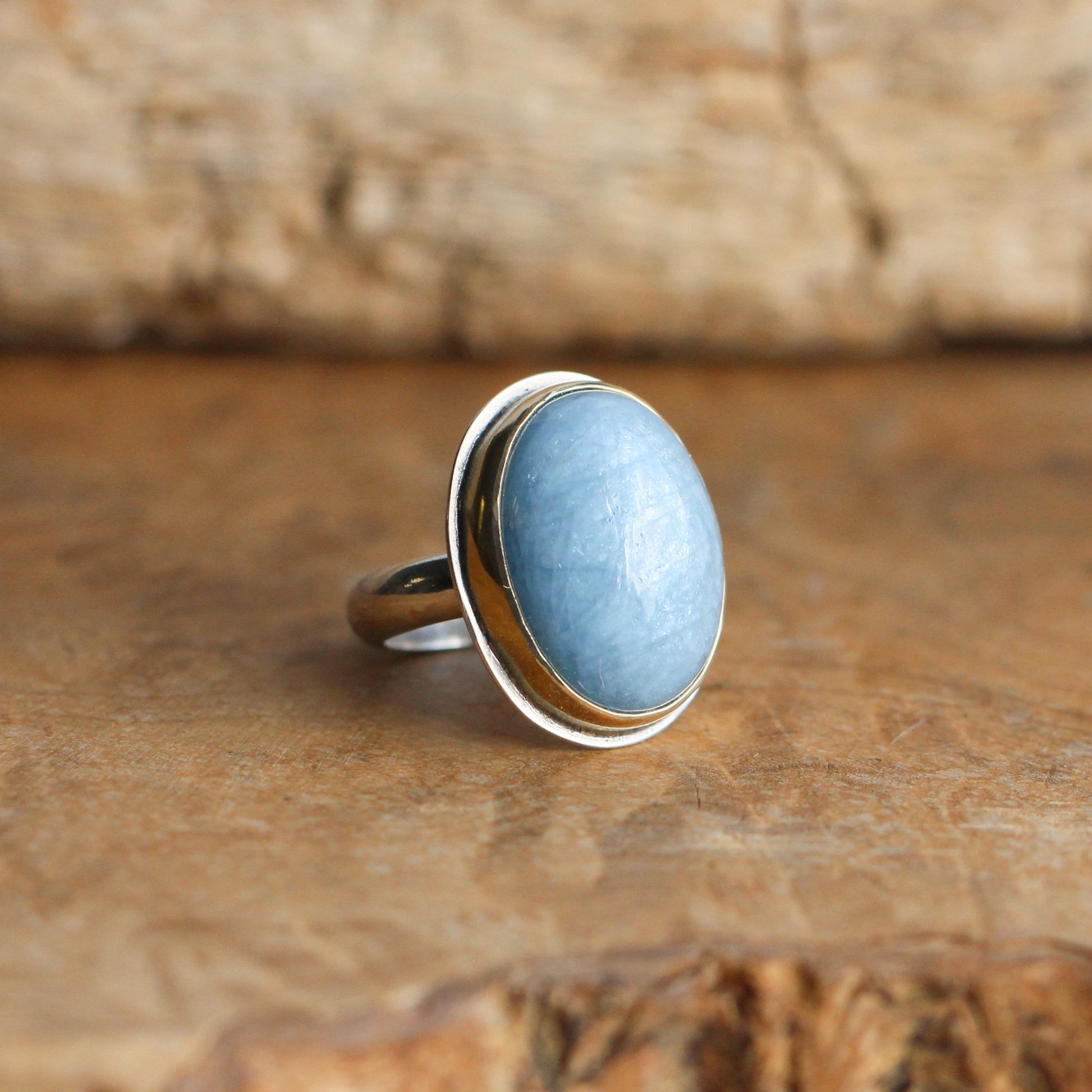 Aquamarine Gold Bezel Ring – Sterling Silver, Size 5 1/2