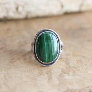 Malachite Notched Boho Ring - Big Malachite Ring - Silversmith Ring