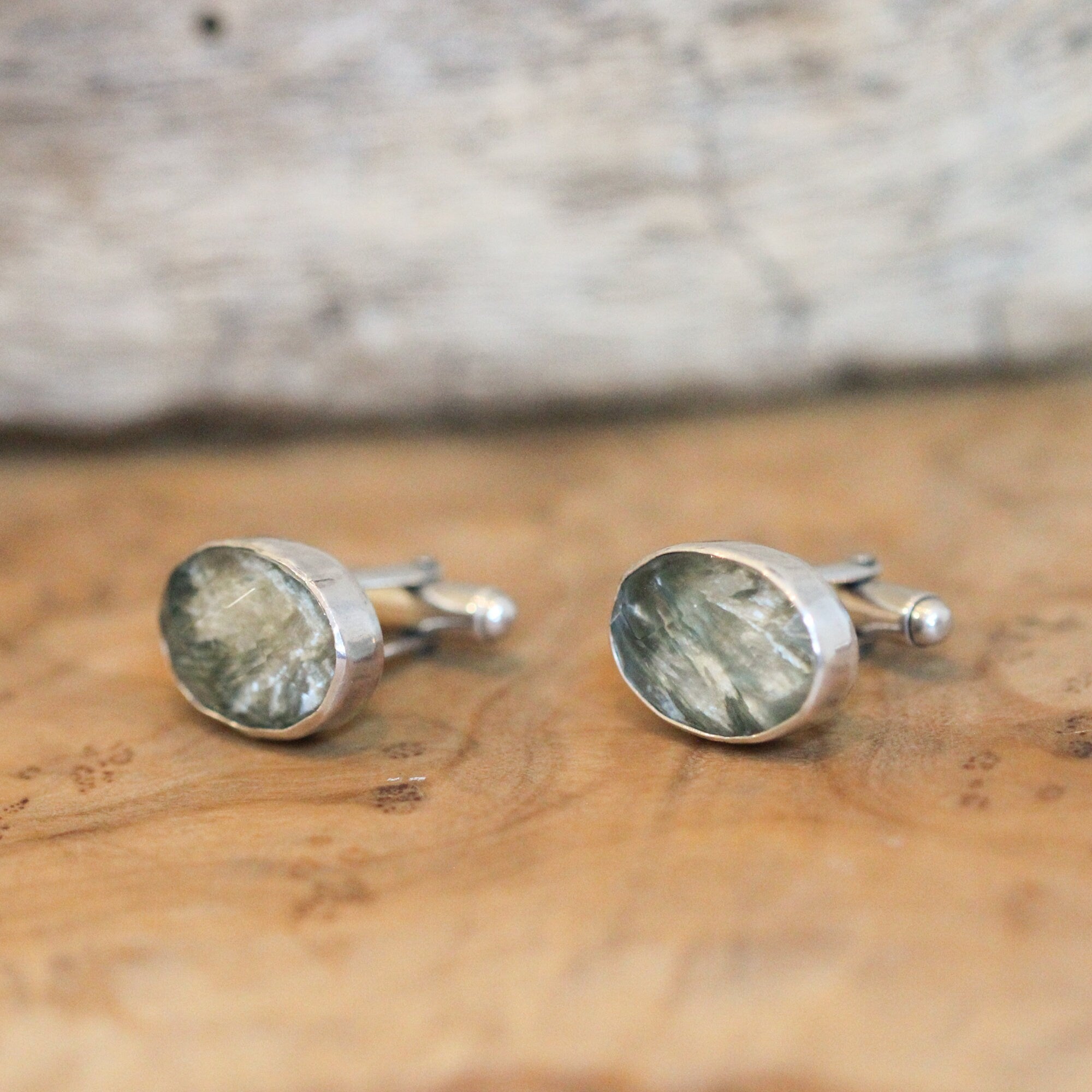 Crystal Seraphinite Cuff Links - Sage Green Cufflinks - Sterling Silver