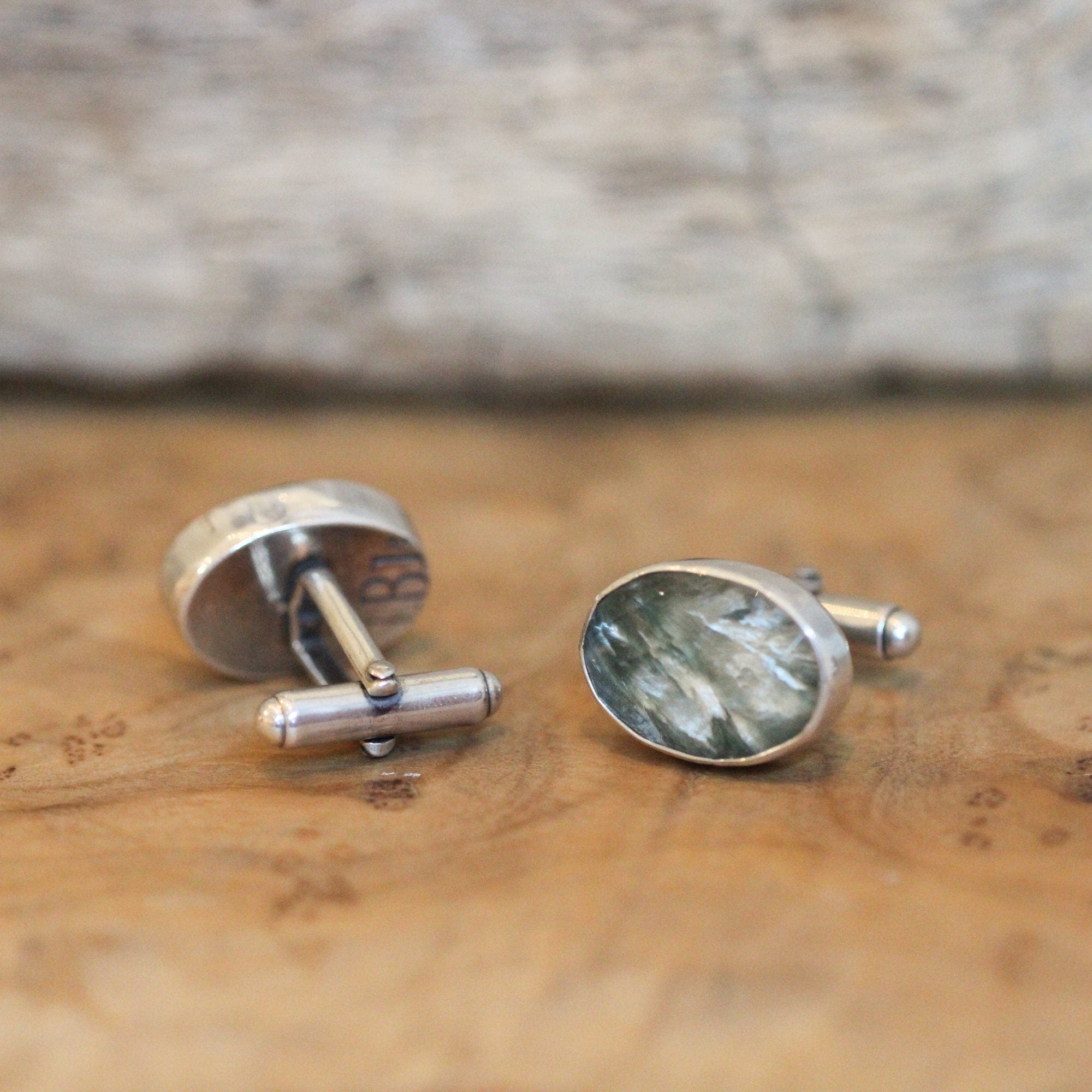 Crystal Seraphinite Cuff Links - Sage Green Cufflinks - Sterling Silver
