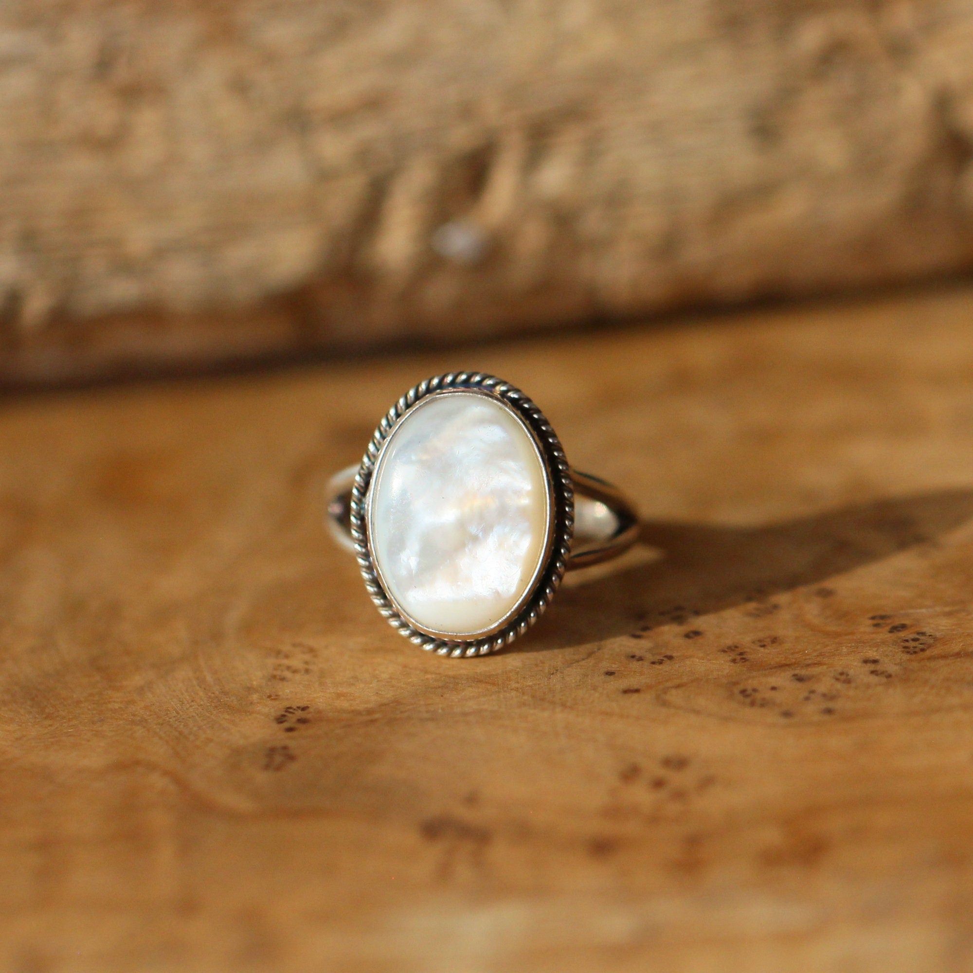 Mother of Pearl Boho Ring - White Nacre Ring - Sterling Silver
