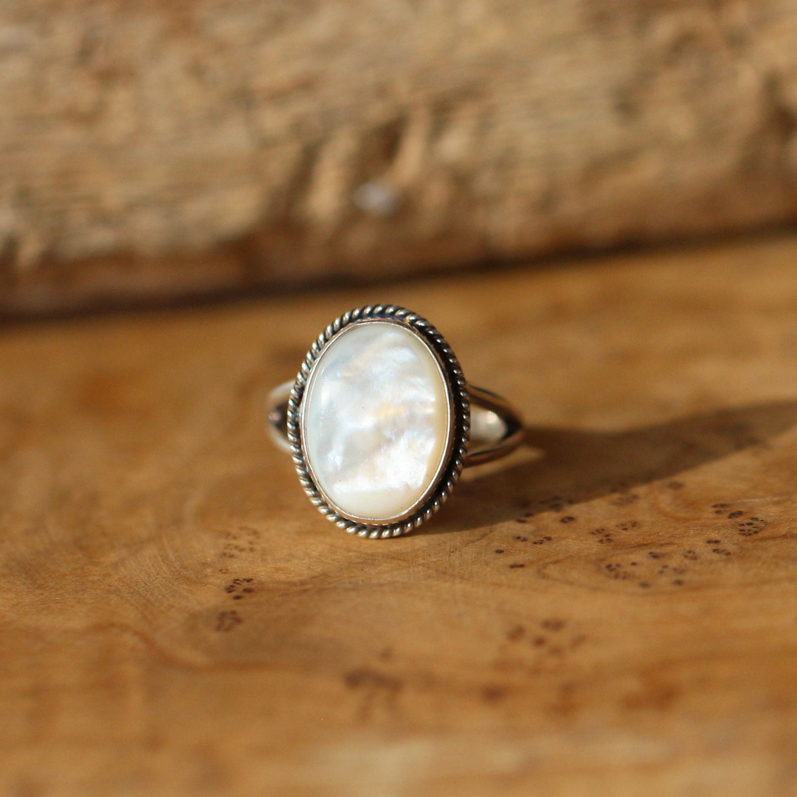 Mother of Pearl Boho Ring - White Nacre Ring - Sterling Silver