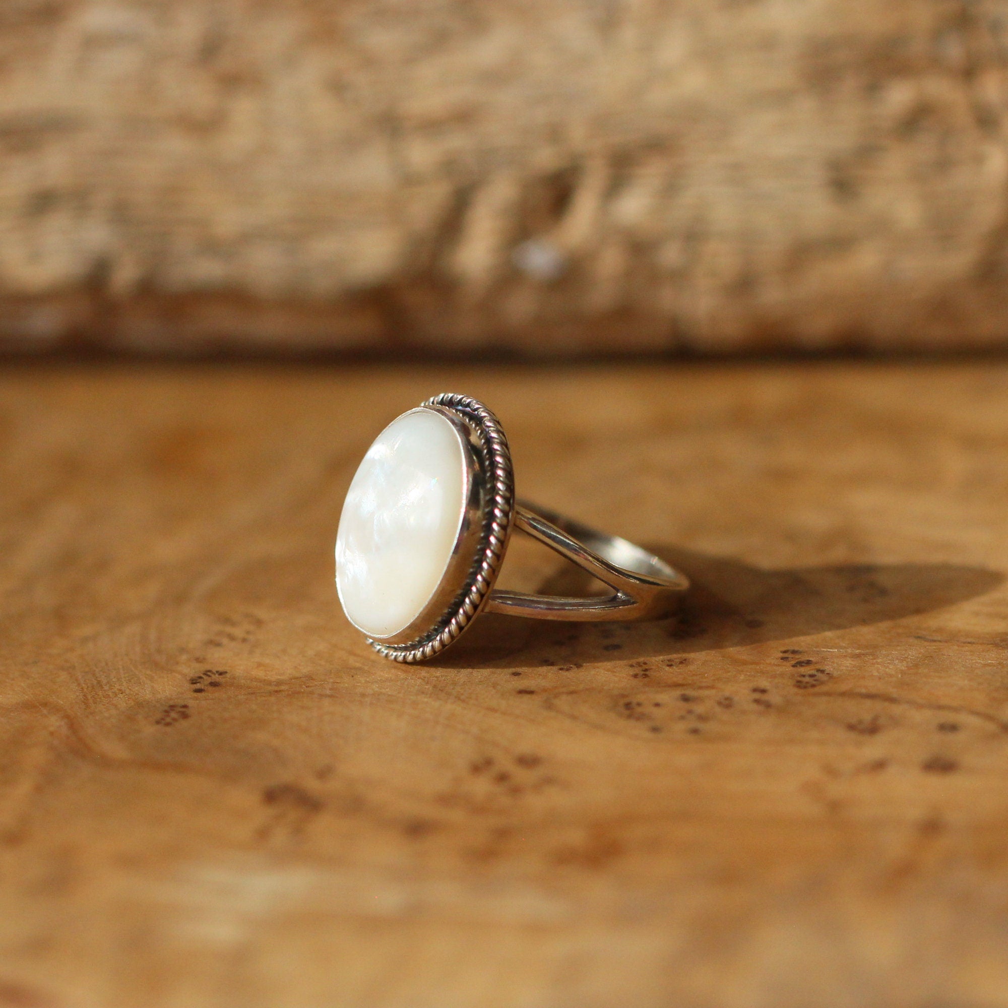 Mother of Pearl Boho Ring - White Nacre Ring - Sterling Silver