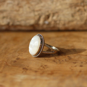 Mother of Pearl Boho Ring - White Nacre Ring - Sterling Silver