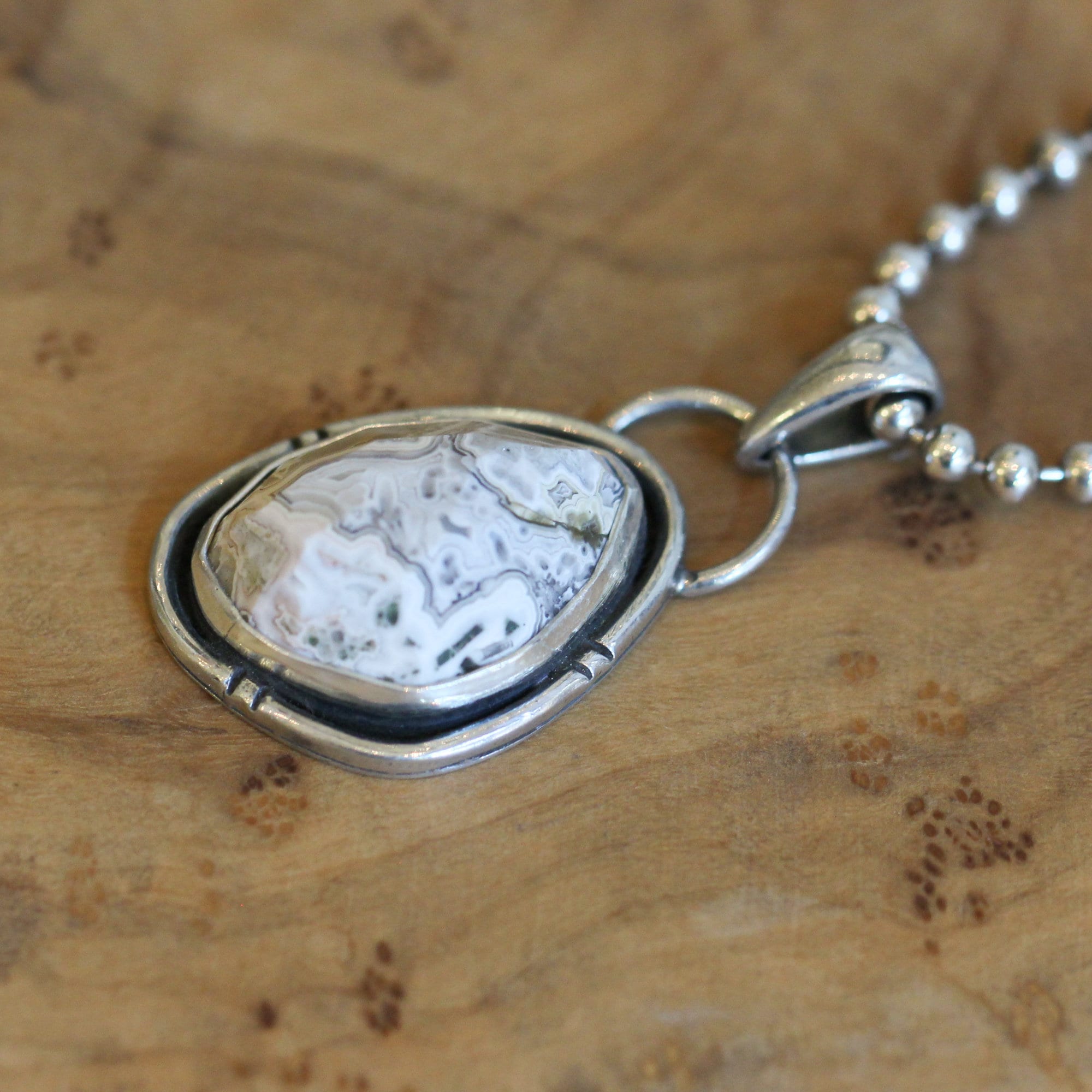 Laguna Lace Agate Pendant - 925 Sterling Silver - Rose Cut Agate Necklace