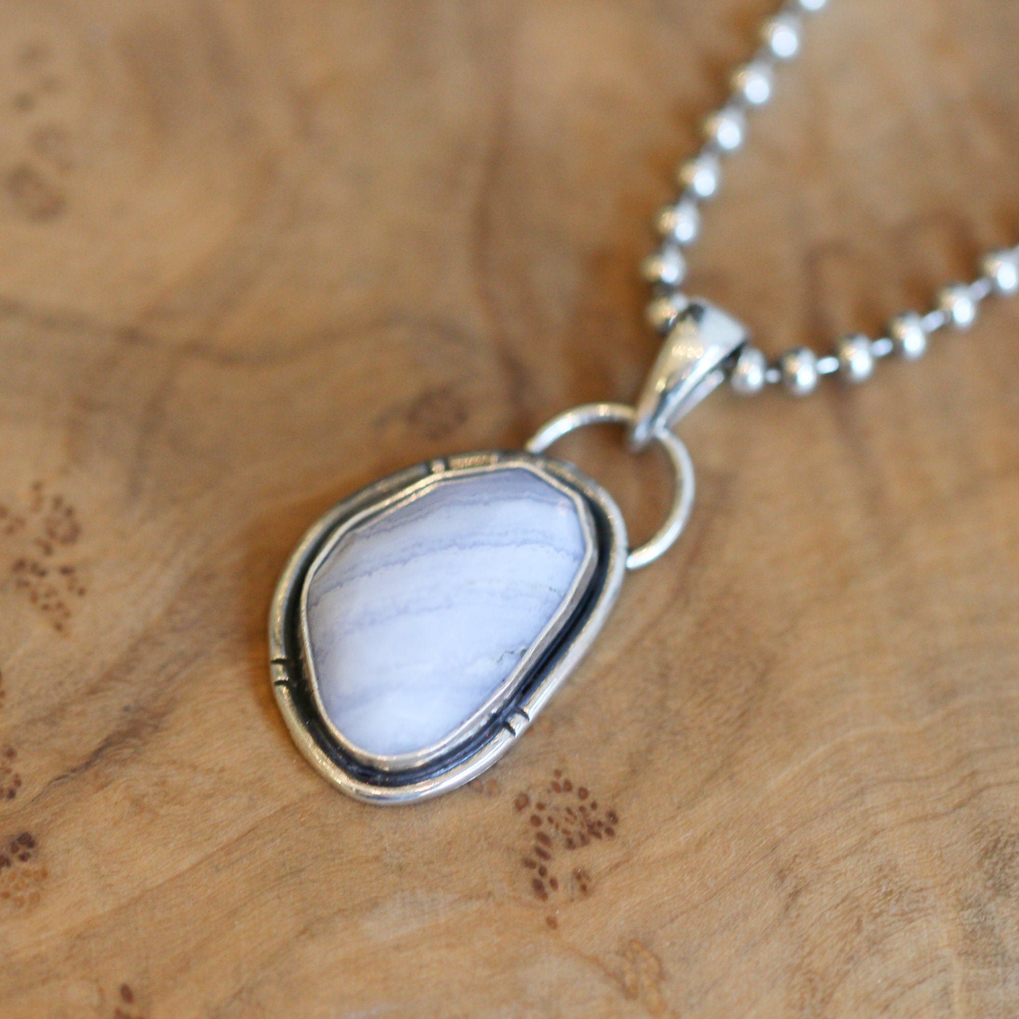 Rose Cut Blue Lace Agate Pendant - Silversmith - .925 Sterling Silver - Blue Lace Agate Necklace