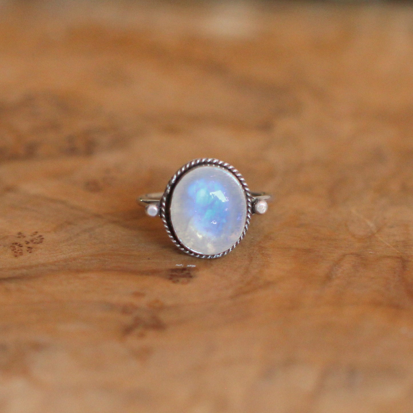 Dainty Rainbow Moonstone Ring – Sterling Silver Delica Design