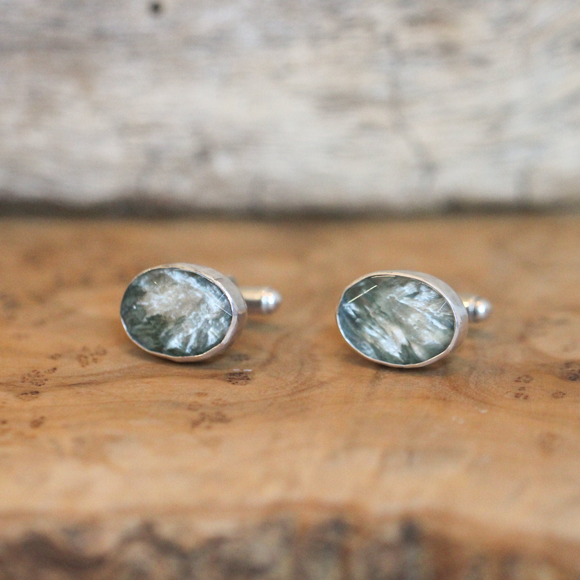 Crystal Seraphinite Cuff Links - Sage Green Cufflinks - Sterling Silver