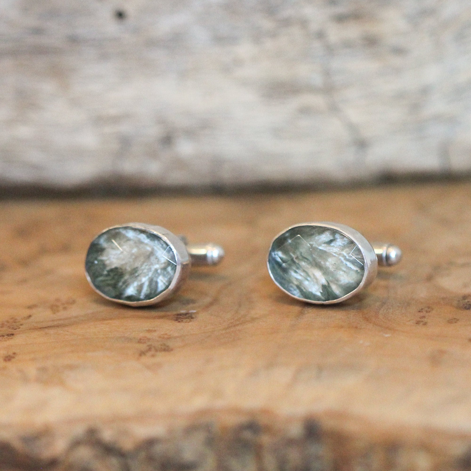 Crystal Seraphinite Cuff Links - Sage Green Cufflinks - Sterling Silver