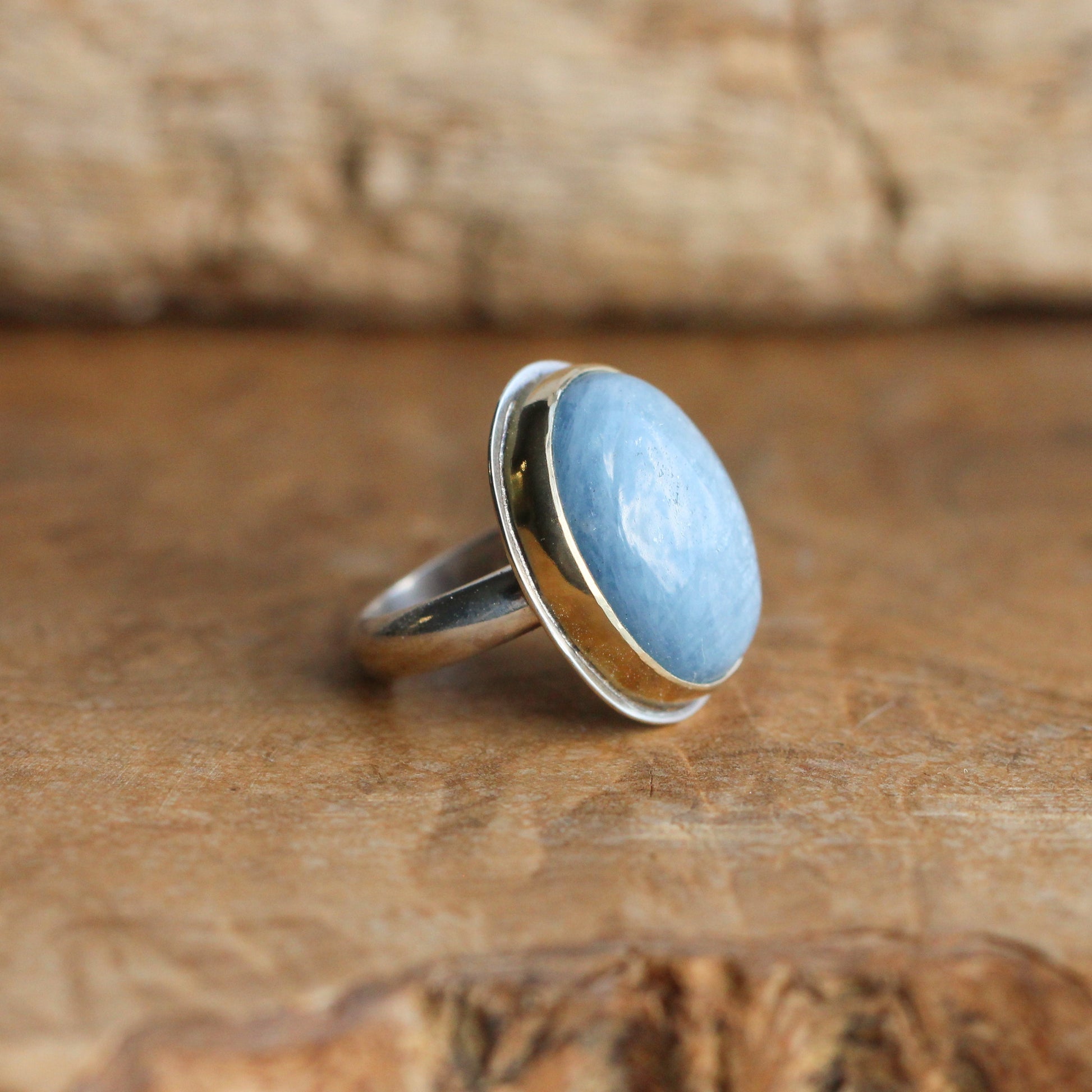 Aquamarine Gold Bezel Ring – Sterling Silver, Size 5 1/2