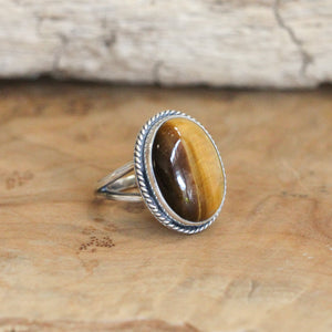 Tigers Eye Boho Ring - Big Oval Tigers Eye Ring - .925 Sterling Silver - Silversmith