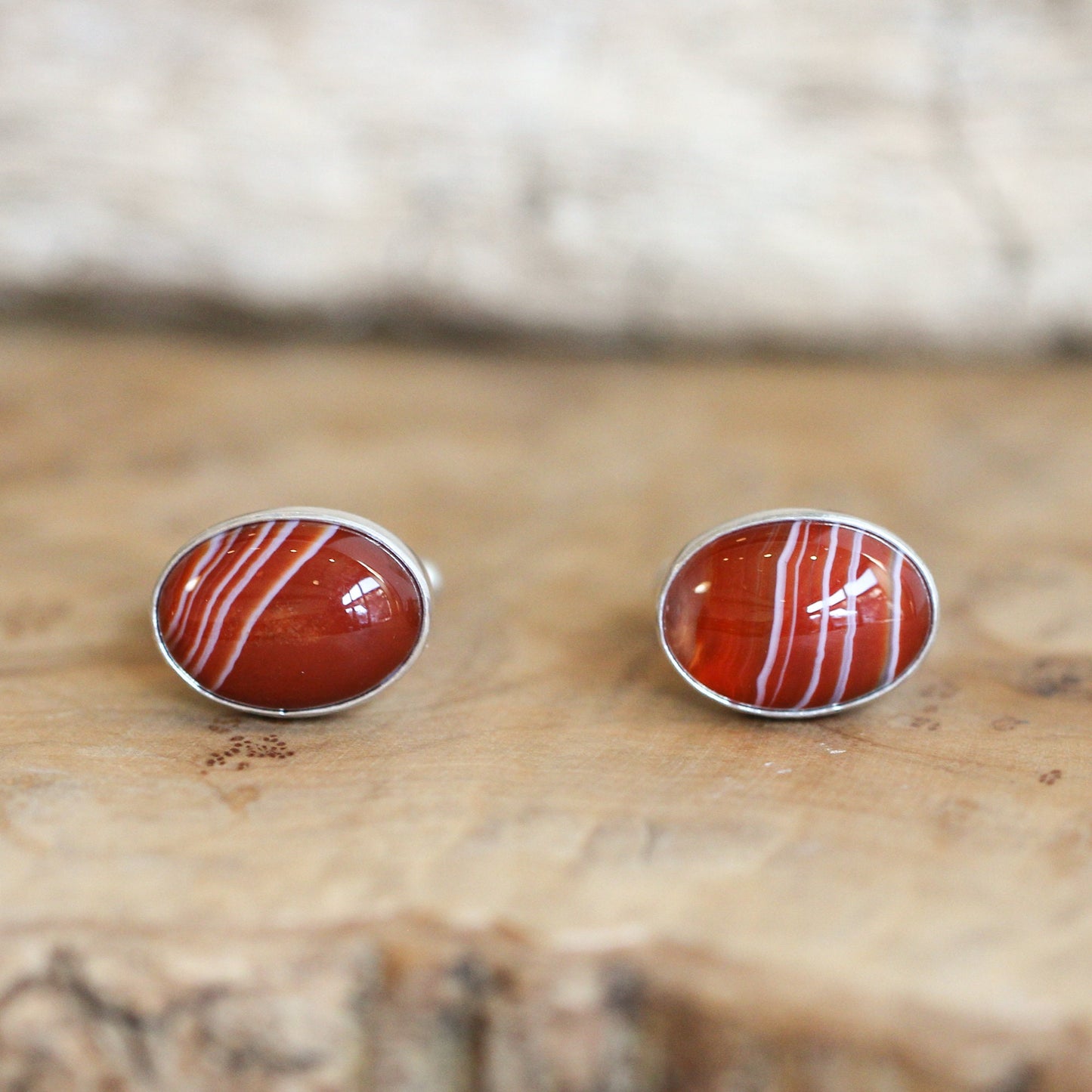 Red Banded Agate Cuff Links - .925 Sterling Silver, Silversmith