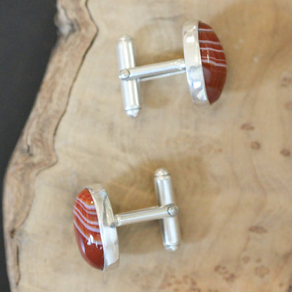 Red Banded Agate Cuff Links - .925 Sterling Silver, Silversmith