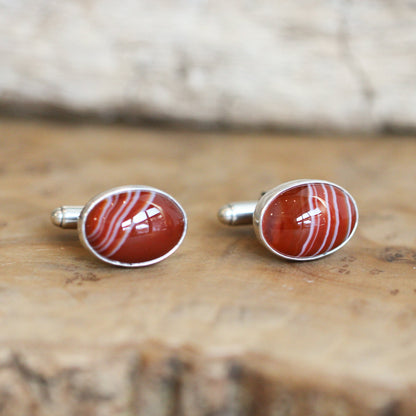 Red Banded Agate Cuff Links | Sterling Silver