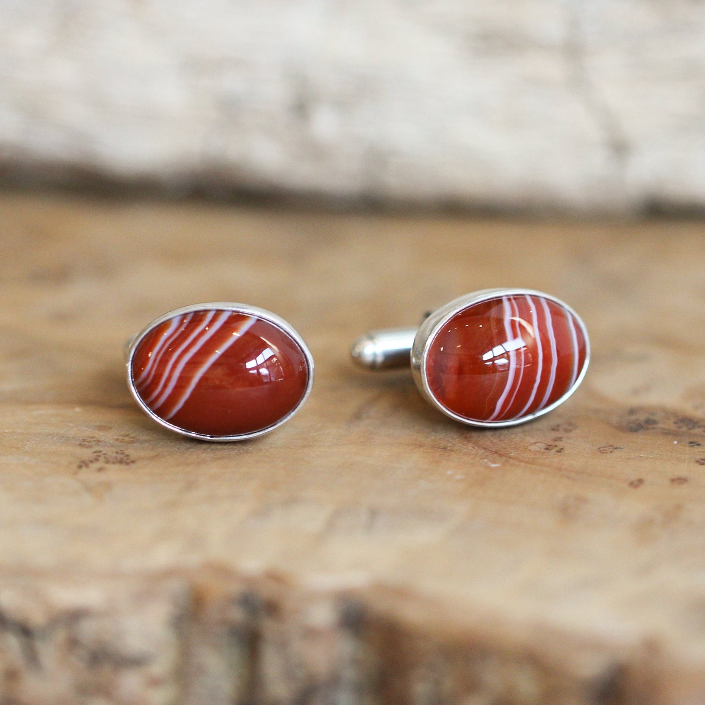 Red Banded Agate Cuff Links - .925 Sterling Silver, Silversmith