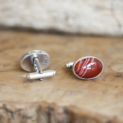 Red Banded Agate Cuff Links - .925 Sterling Silver, Silversmith