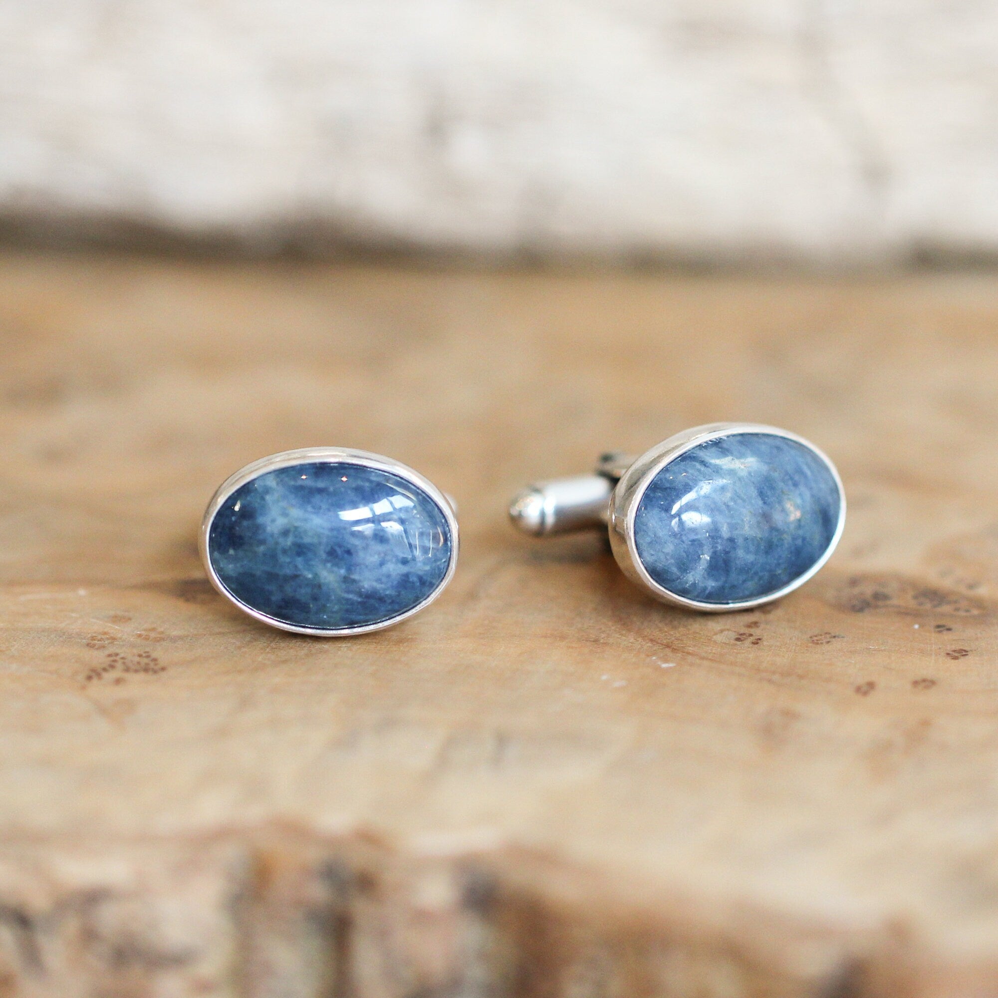 Apatite Cuff Links - .925 Sterling Silver Cufflinks - Silversmith - Blue Apatite Cufflinks