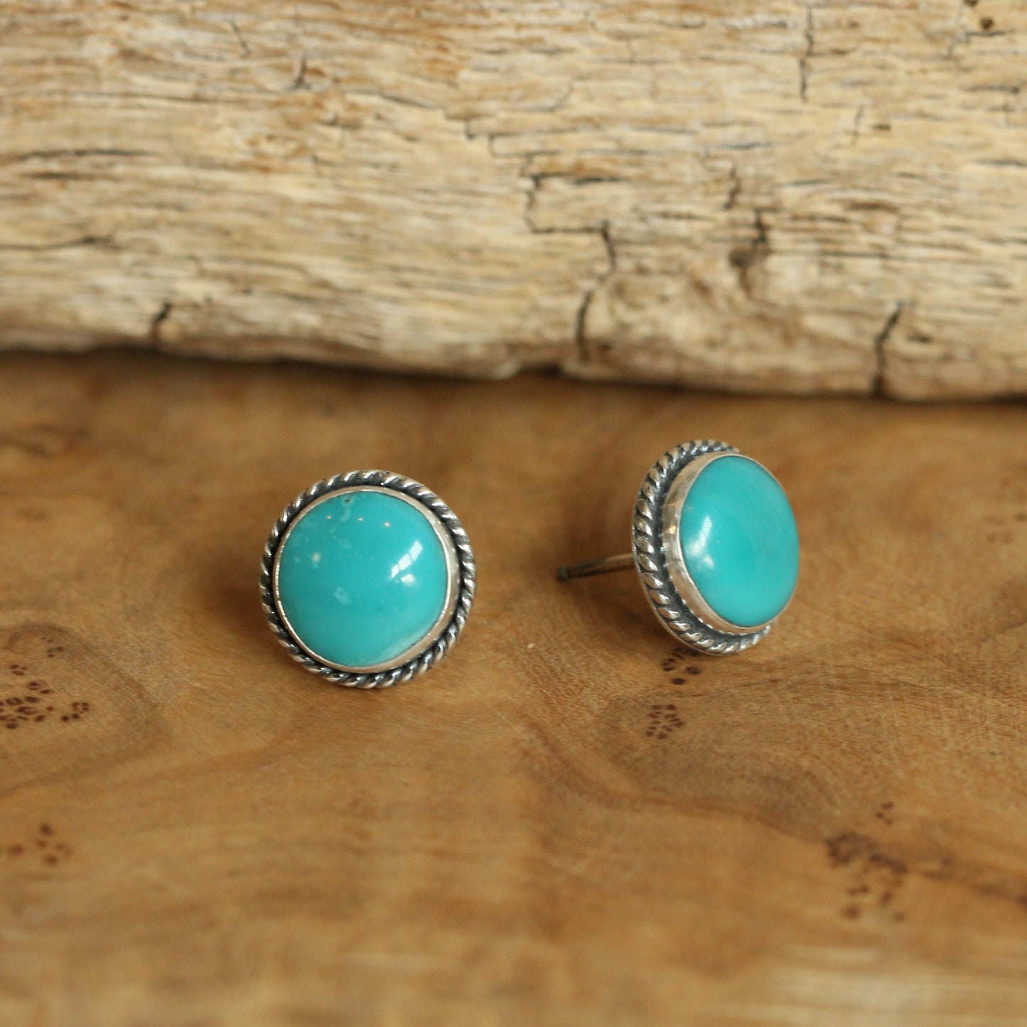 10mm American Turquoise Sterling Silver Stud Earrings – Twist Wire Accent