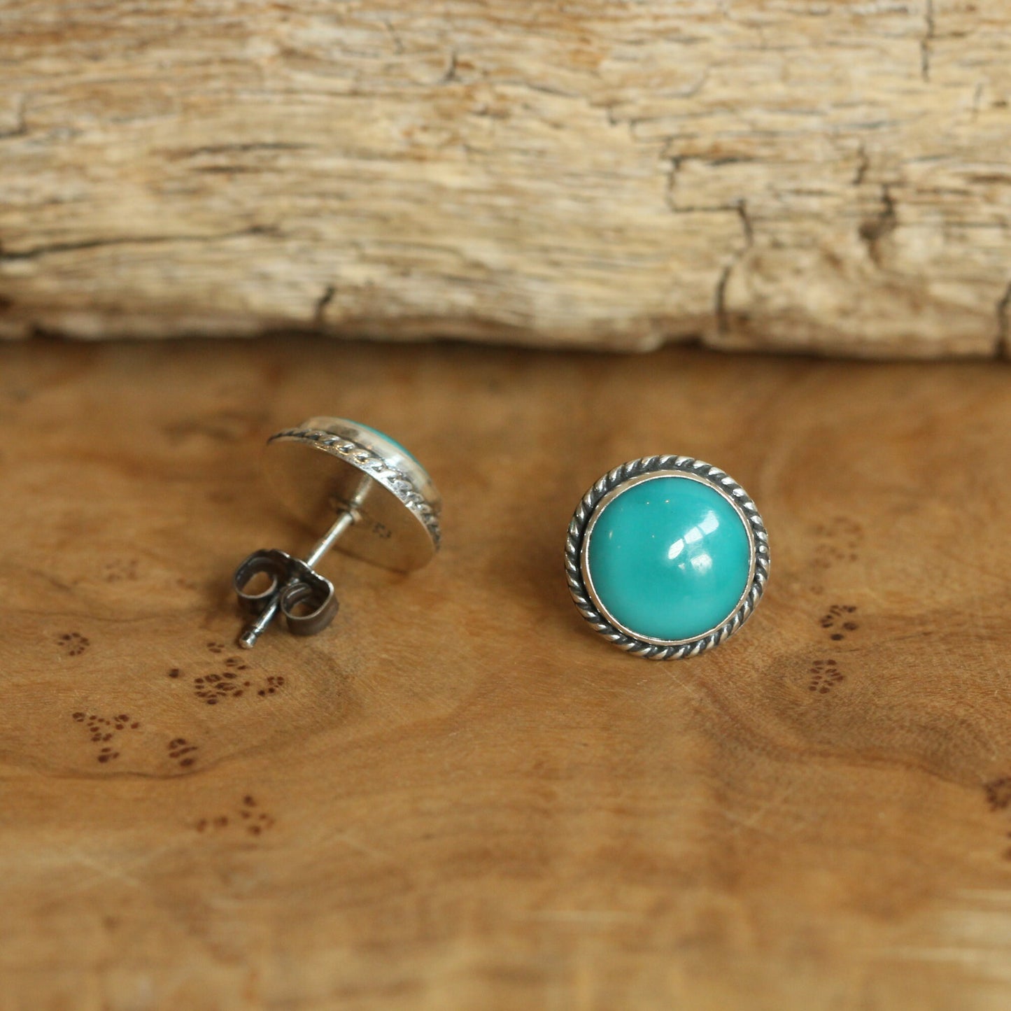 10mm American Turquoise Sterling Silver Stud Earrings – Twist Wire Accent