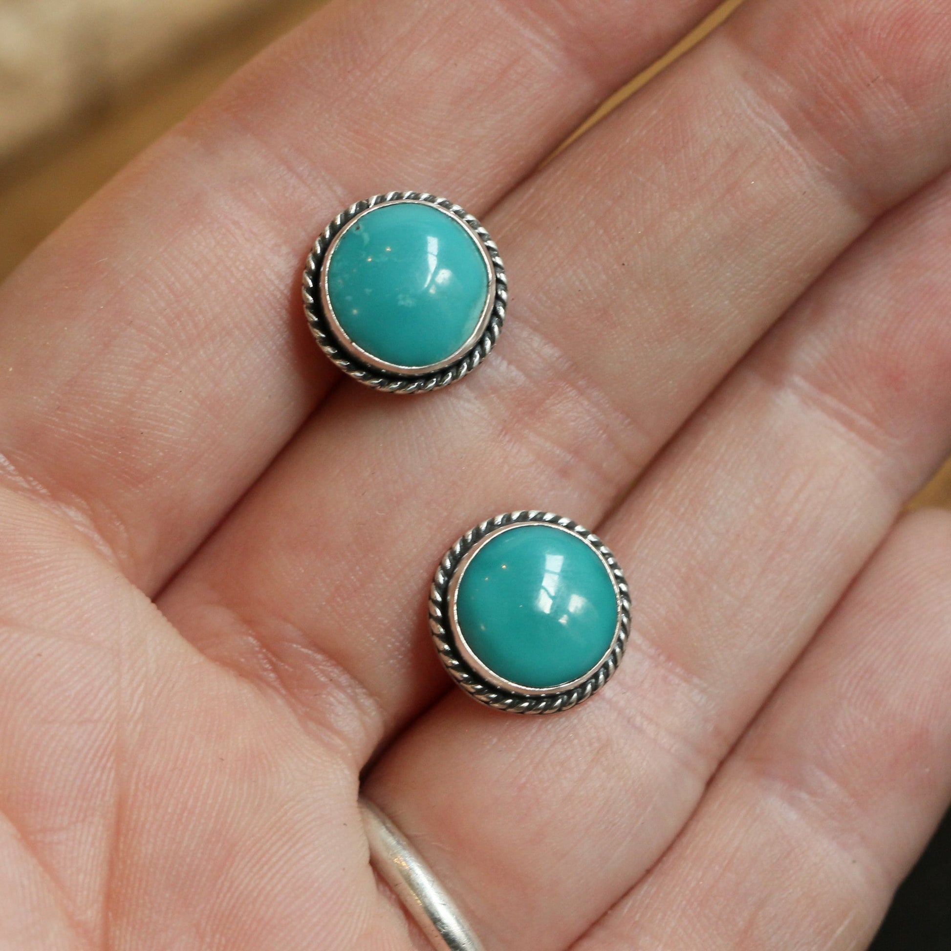 10mm American Turquoise Sterling Silver Stud Earrings – Twist Wire Accent