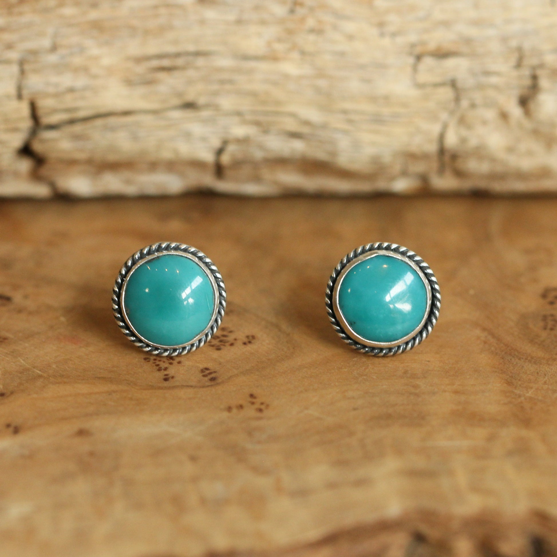 10mm American Turquoise Sterling Silver Stud Earrings – Twist Wire Accent