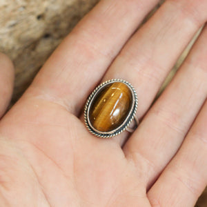 Tigers Eye Boho Ring - Big Oval Tigers Eye Ring - .925 Sterling Silver - Silversmith